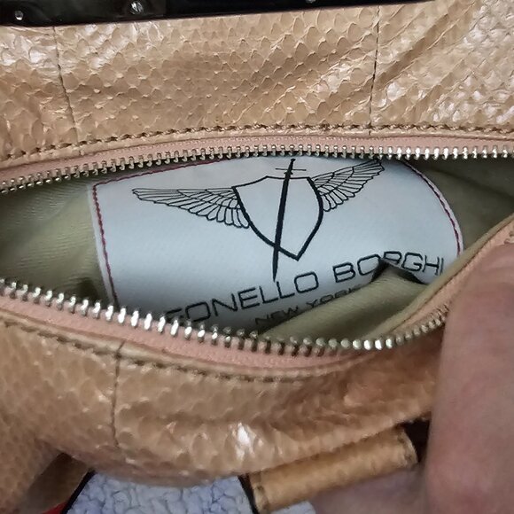 Leonello Borghi NY Beige Snakeskin Clutch – Gold Hardware, Winged Logo - Picture 3 of 4